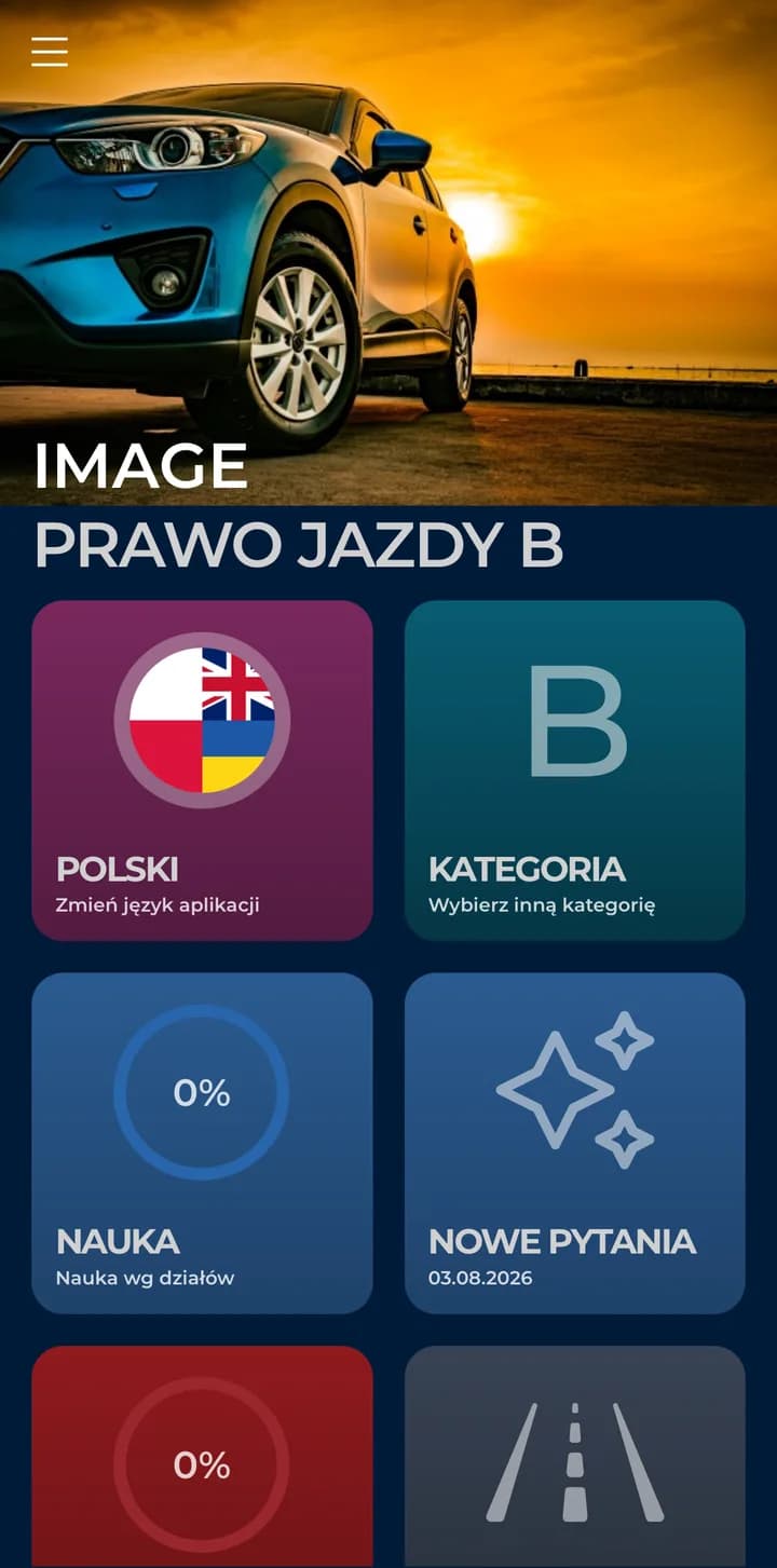 Ekran główny aplikacji IMAGE Prawo Jazdy dla kategorii B