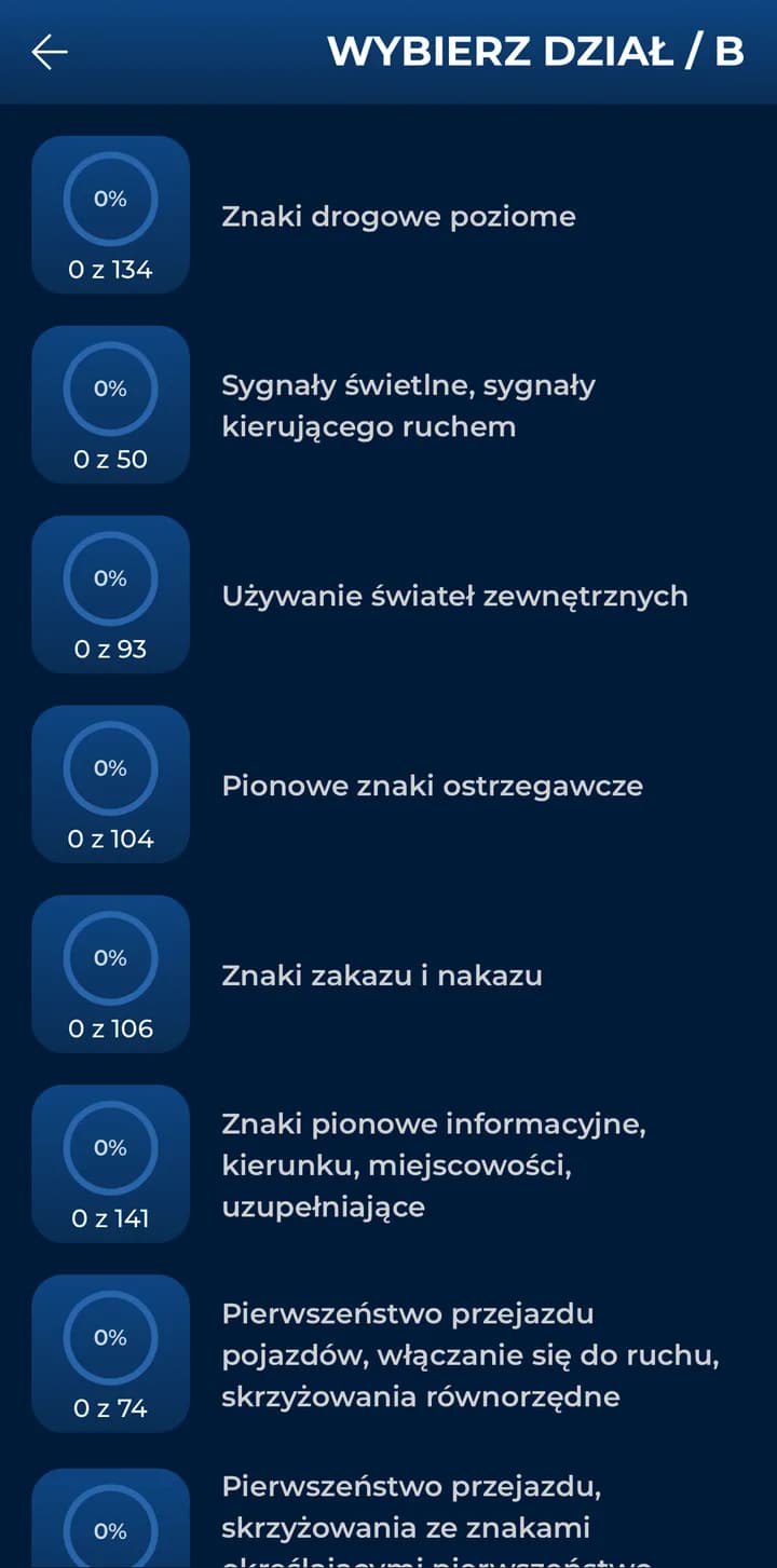 Lista działów do nauki, m.in. znaki poziome i sygnały świetlne