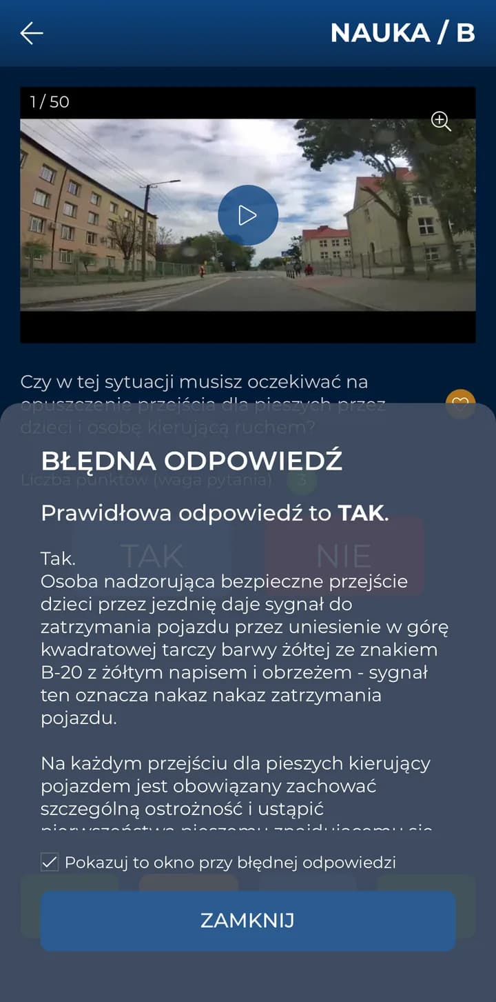 Wyjaśnienie prawidłowej odpowiedzi po błędzie w trybie nauki
